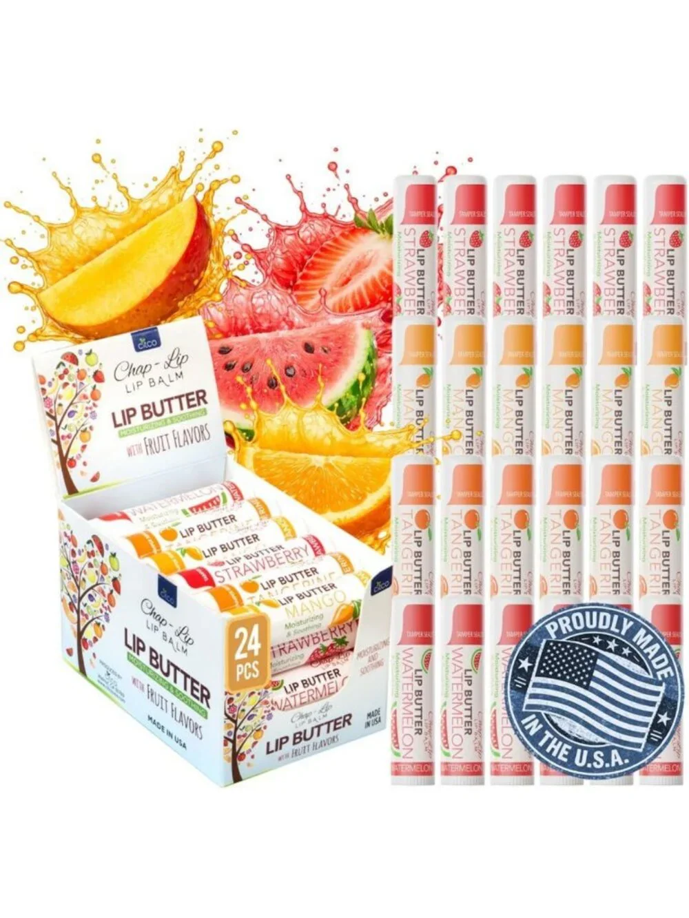 Hydrating Lip Balm Pack - 24 Fruit Flavor Chapsticks with Coconut Oil & Cocoa